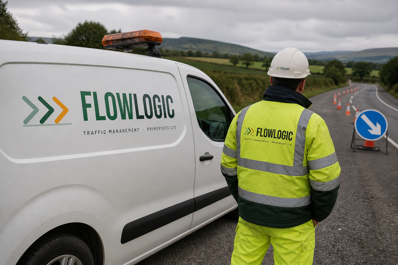 FlowLogic-branded van and worker in hi-vis on an Irish country road